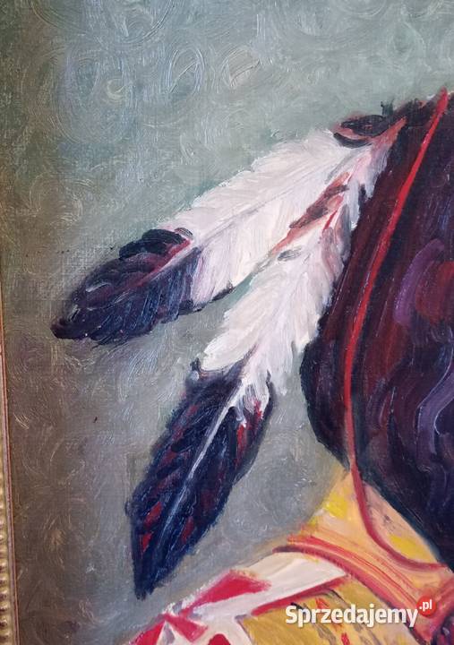Obraz olejny na desce sygnowany portret Indianin Kraków