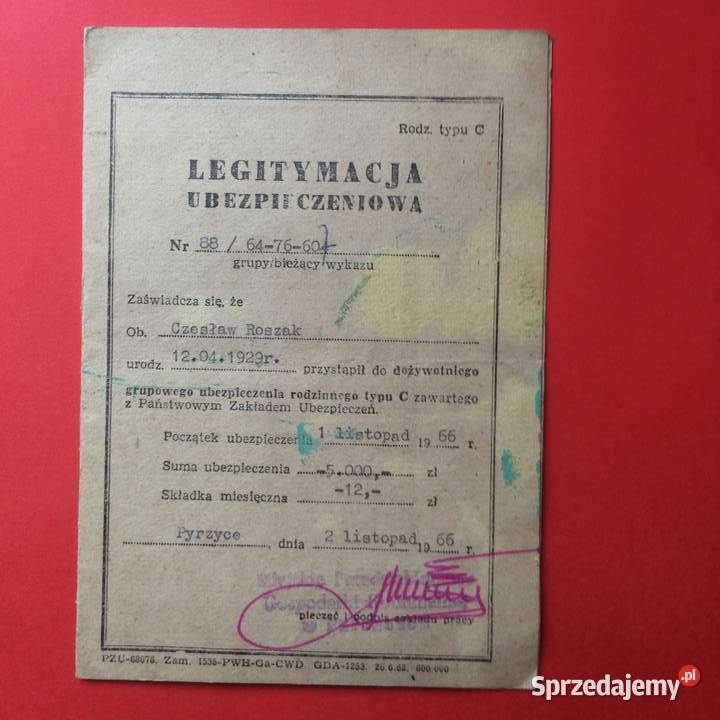 1714 Legitymacja Ubezpieczeniowa Roszak Szczecin