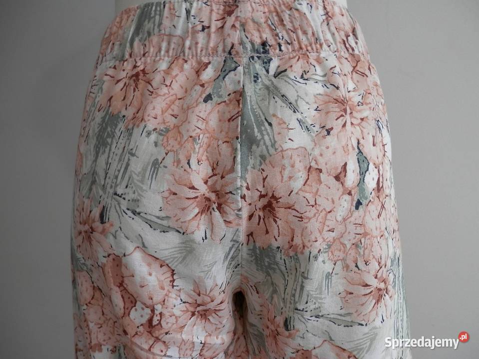 Spodnie Lniane Len Bawełna Białe Kwiaty Łomża