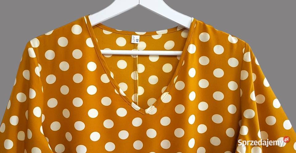 Damska bluzka musztardowa krótki rękaw w białe pomarańczowy Bluzki i koszule Chrzanów
