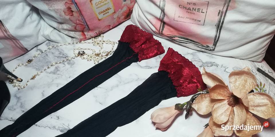 pończochy czarne wiśniowa manszeta Warszawa