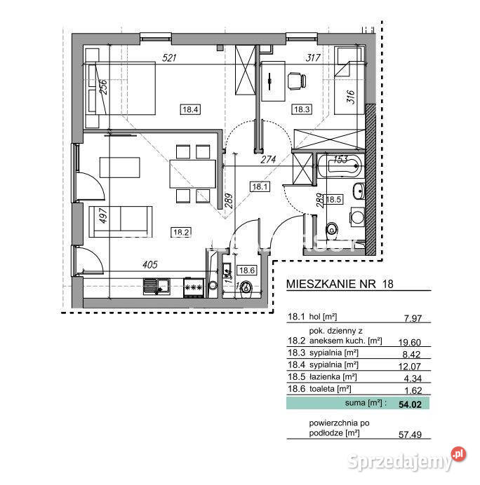 sprzedaży mieszkania Myślenice 4545m2 3 pokoje Piętro 2