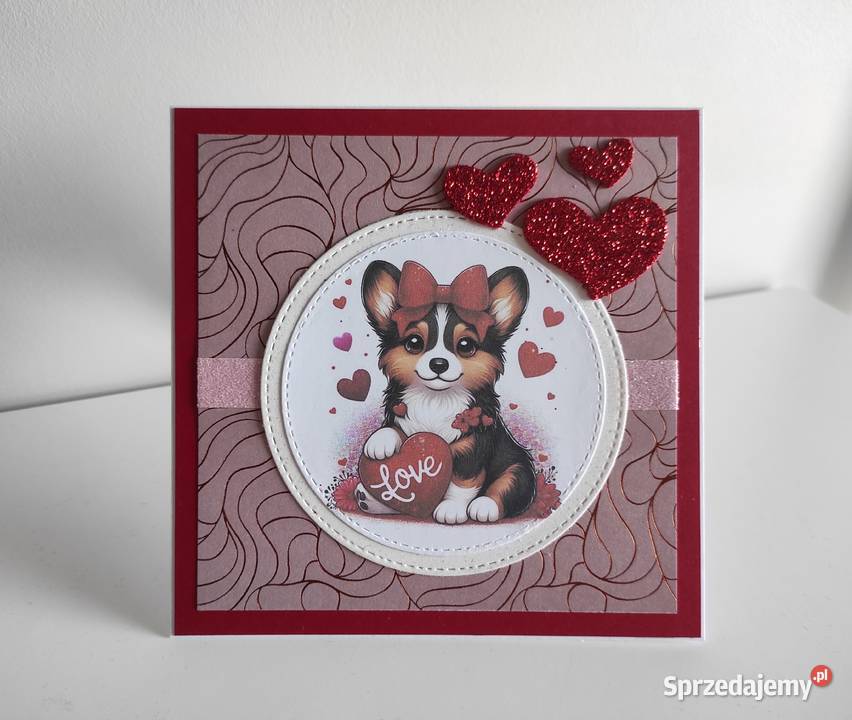 Kartka ręcznie robiona na Walentynki z pieskiem Łódź