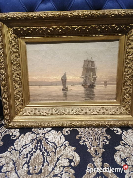 Olej na płótnie żaglowce podpisany XIXXX złota