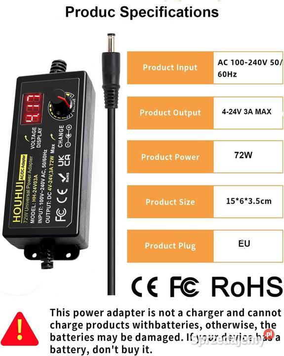 HOUHUI Regulowany zasilacz sieciowy 3 A 72 W Chojnice