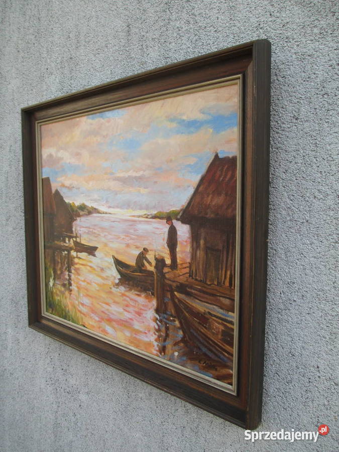 Obraz olejny Przystań Szwecja lata 70 Lublin