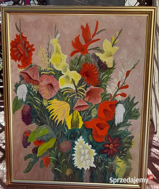 Martwa natura Bukiet kwiatów olejny złota rama Malarstwo Iłża