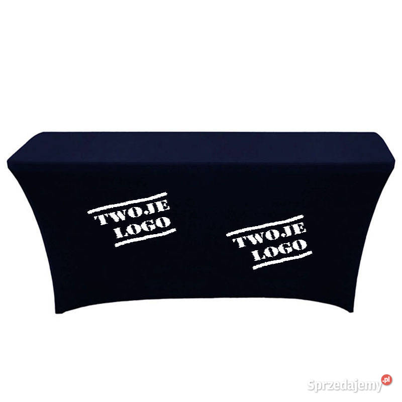 Granatowy elastyczny obrus na stół z logo full Warszawa