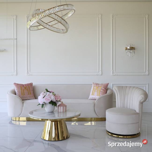 Ekskluzywna beżowa złota sofa glamour do salonu 239cm Warszawa