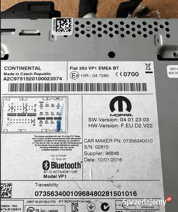 FIAT DOBLO III RADIO BLUETOOTH DOBLO 3 Z KODEM Kłodzko