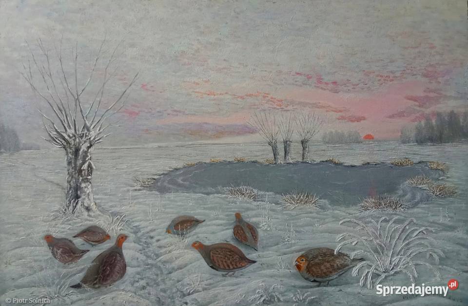 Kuropatwy na śniegu ręcznie malowany obraz Warszawa