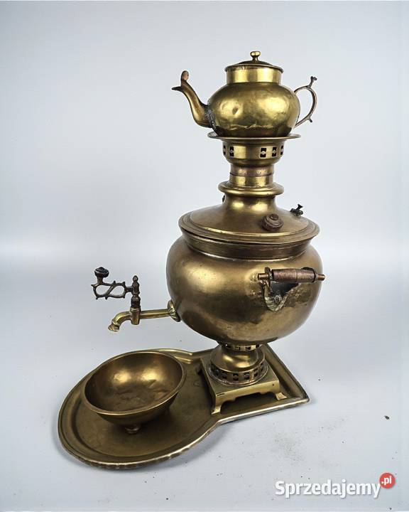 Samowar mosiężny z tacą płukalnicą i Antyki mazowieckie Bronisze