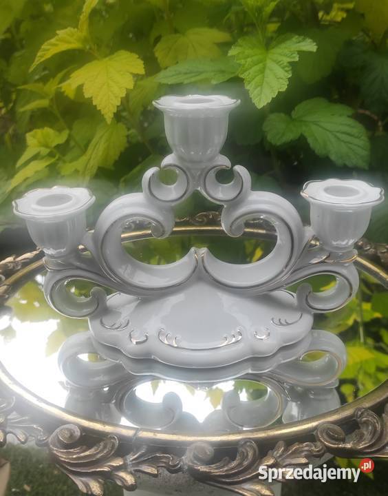 Porcelanowy świecznik trójramienny złocony Porcelana i szkło łódzkie Pabianice