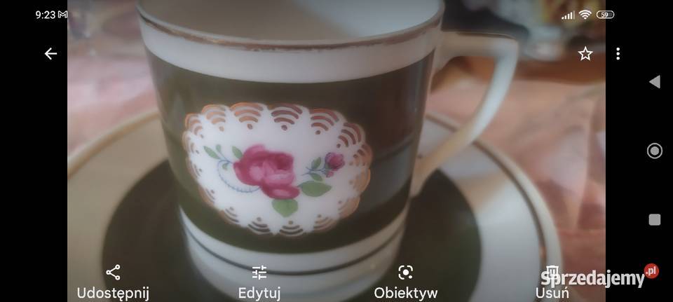 Duża stara filiżanka poczXX w zieleń róża