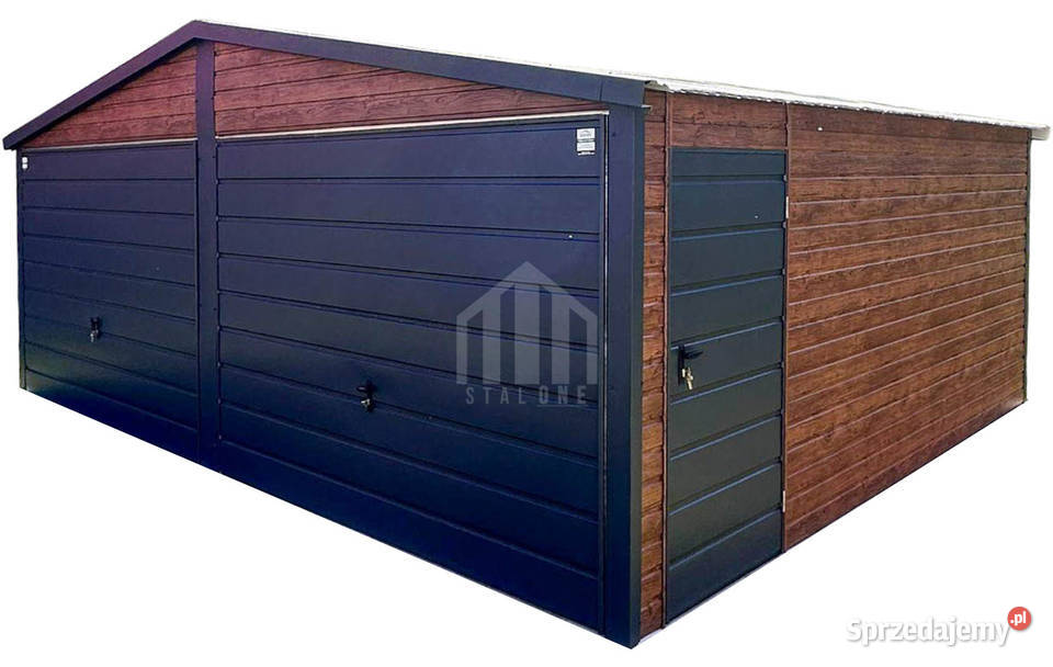 Garaż blaszany 6x4m 2x brama drzwi drewnopodobny
