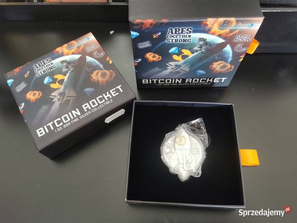 Srebrny Bitcoin Rocket 1oz High Reliefe pudełko Głogów