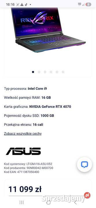 Asus Rog Strix G16 na zdjęciu dane zestaw Rudniki
