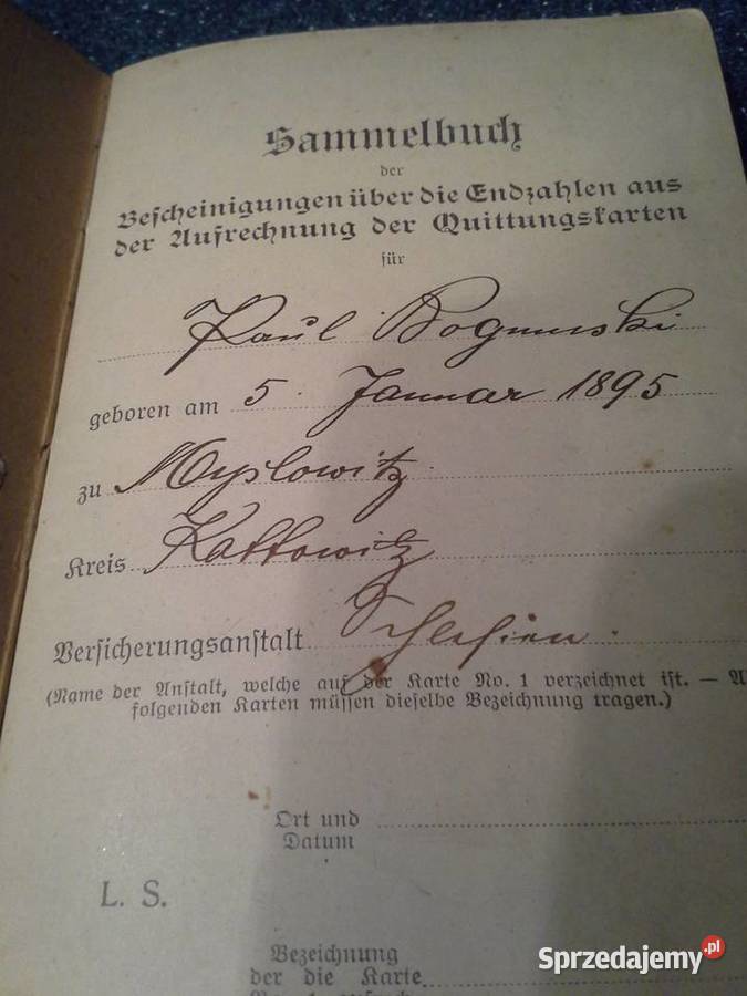 Zabytkowa książeczka ubezpieczeniowa 1912 r śląskie Siemianowice Śląskie