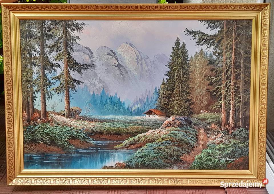 Alpejski pejzaż obraz olejny złota ornamentowa Iłża