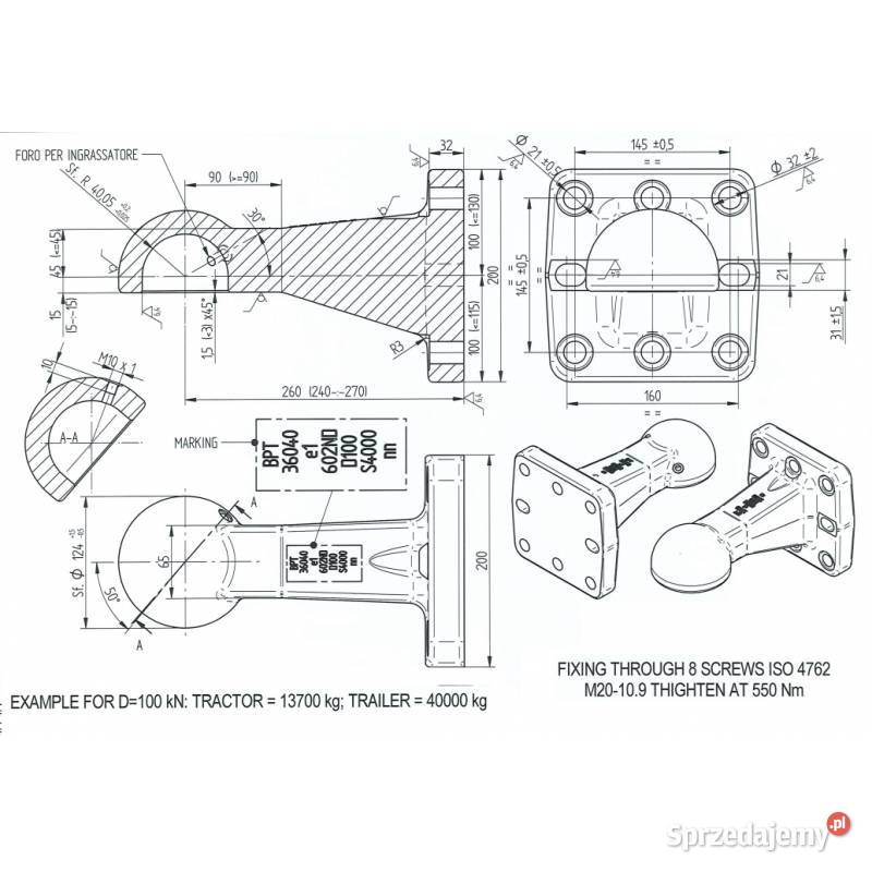 Zaczep kołnierzowy kulowy 80 145x145 mm 36040 Kamionna
