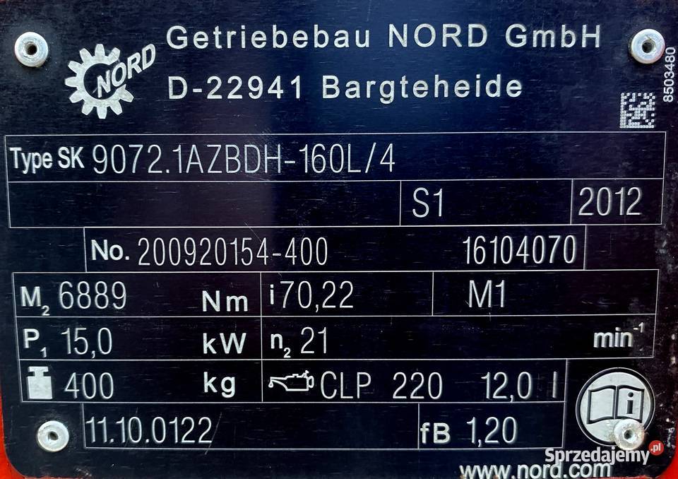 motoreduktor przekładnia 15kW 21obr NORD
