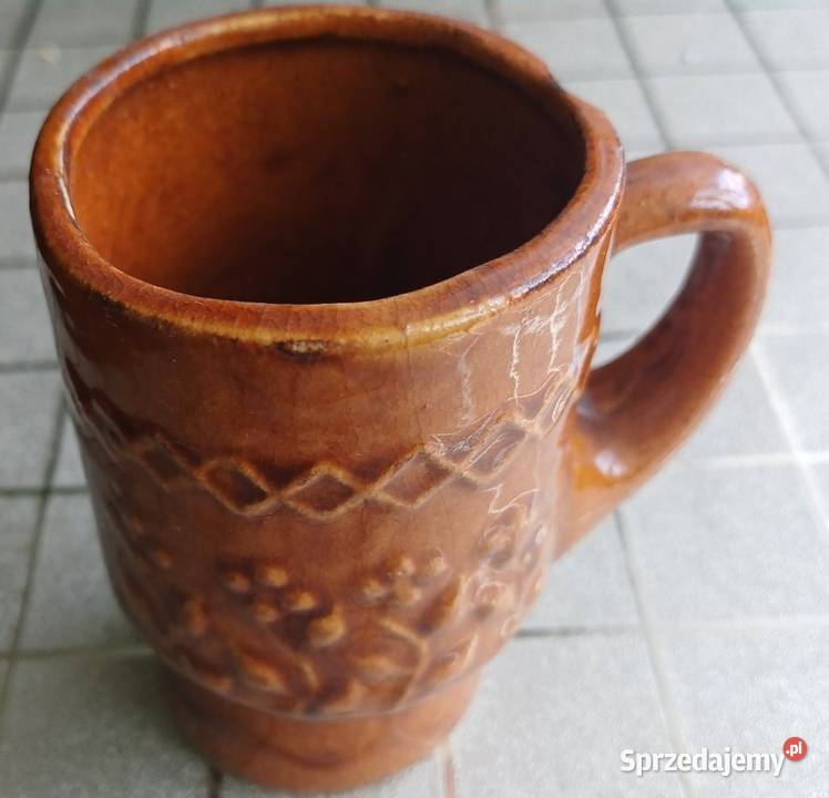 Kubeczek PRL vintage szkliwo ziemne zdobienia dolnośląskie
