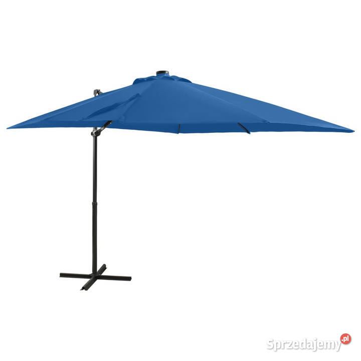 Parasol wiszący z LED i słupkiem niebieski 250