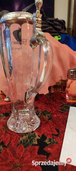 Stary duży kufel kryształowy z przykrywką cynową Wrocław