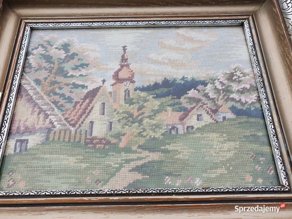Stary obraz haftowany krajobraz lata 50 antyk Cieszyn