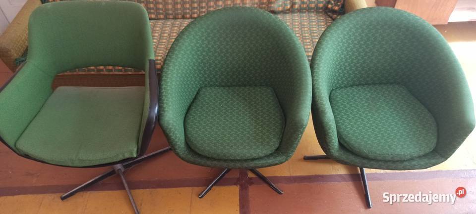 3 obrotowe zielone fotele PRL ok 50cio letnie Wieluń