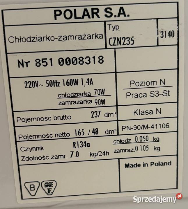 Lodówka Polar CZN235 używana tanio wolnostojące Lodówki i zamrażarki Bytom