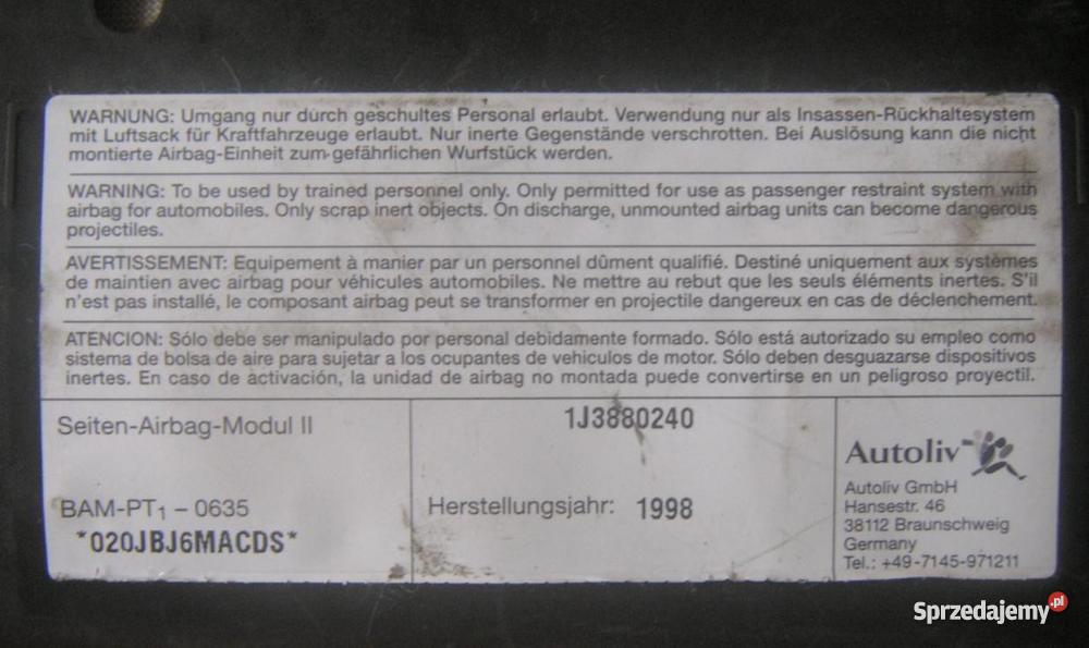 Poduszka powietrzna boczna Moduł II do grupy VW śląskie