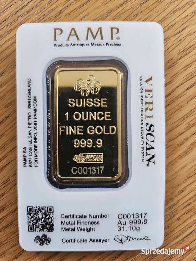 sztabka złota imitacja 1 uncja PAMP certyfikat Warszawa