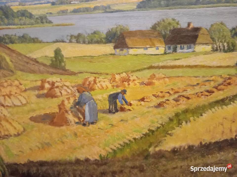 Duży olej na płótnie Wiejski pejzarz ŻNIWA w Warszawa