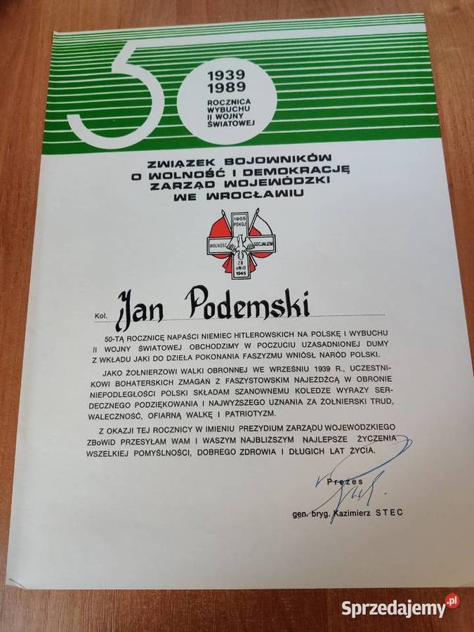 Dyplom uznania obronę ojczyzny 1939 r i inne Pozostałe Myszków