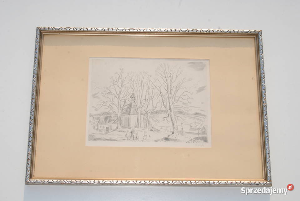 Stary obraz grafika krajobraz z ramką drewnianą Malarstwo Cieszyn sprzedam