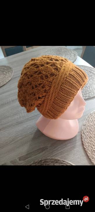 Czapka dziergana musztardowy zimowa Nakrycia głowy Krosno