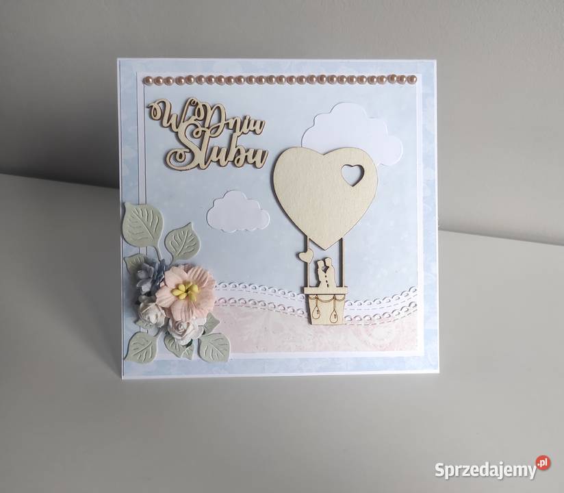 Kartka ręcznie robiona na ślub Para w balonie Łódź