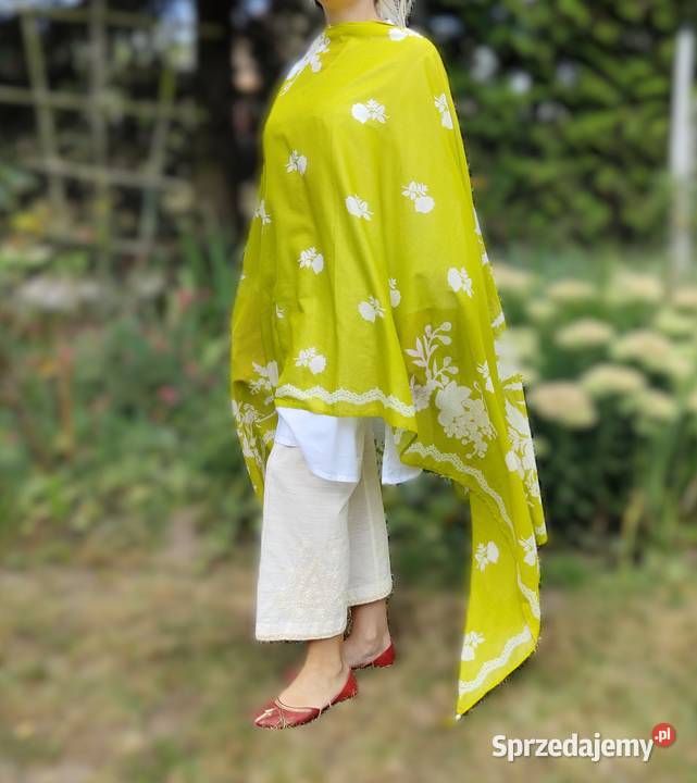 Duża zielona chusta dupatta szal bawełna kwiaty Szczecin