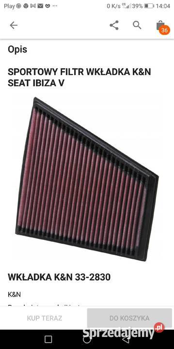 Sportowy Filtr Powietrza grupa VW typ 332830