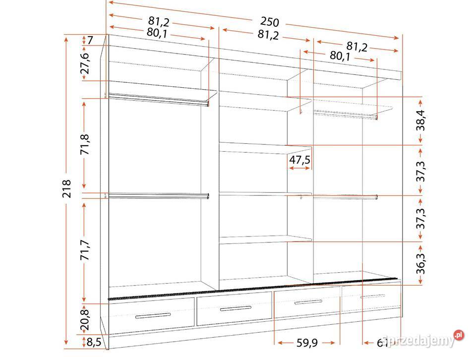 Duża pojemna szafa z lustrem i szufladami 250