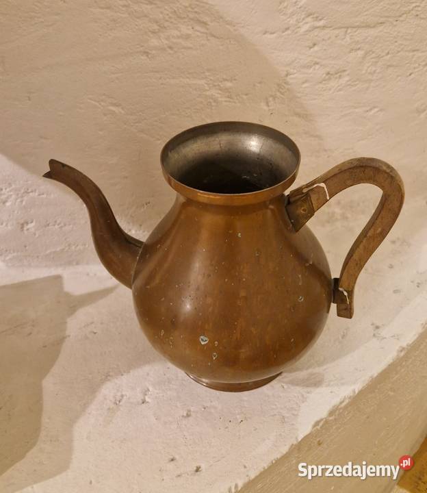 Stary miedziany DZBANEK z drewnianymi uchwytem lubelskie Lublin