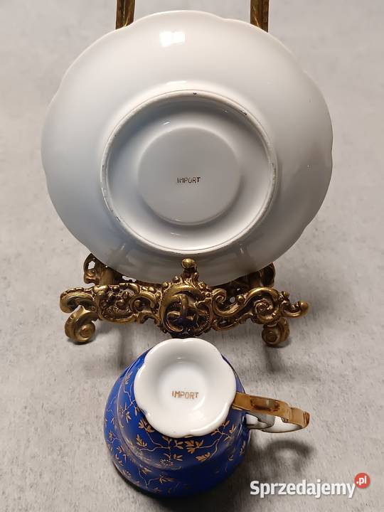 IMPORT Filiżanka Niebieska Duet Złote kwiatuszki Porcelana i szkło Dobrzany