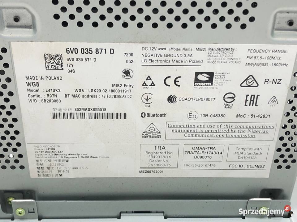 RADIO SKODA FABIA III 6V0035871D ODTWARZACZ Sprzęt audio fabryczny Wyposażenie wnętrza