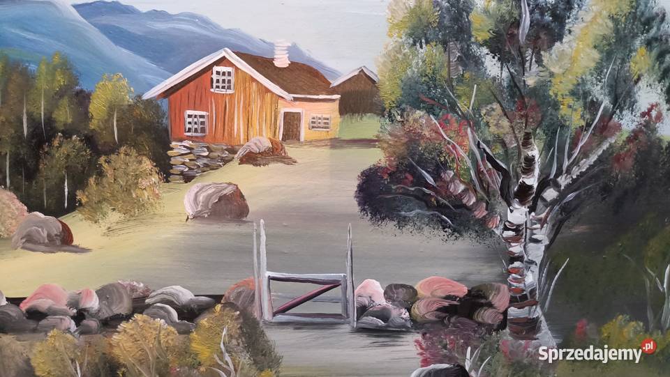 Stary oprawiony w ramie obraz na dykcie Norweski Zamość