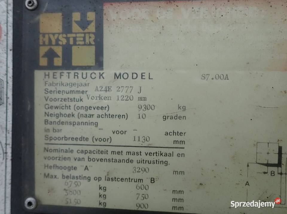 Wózek widłowy HYSTER S700A Diesel Udźwig 7 ton Kraków