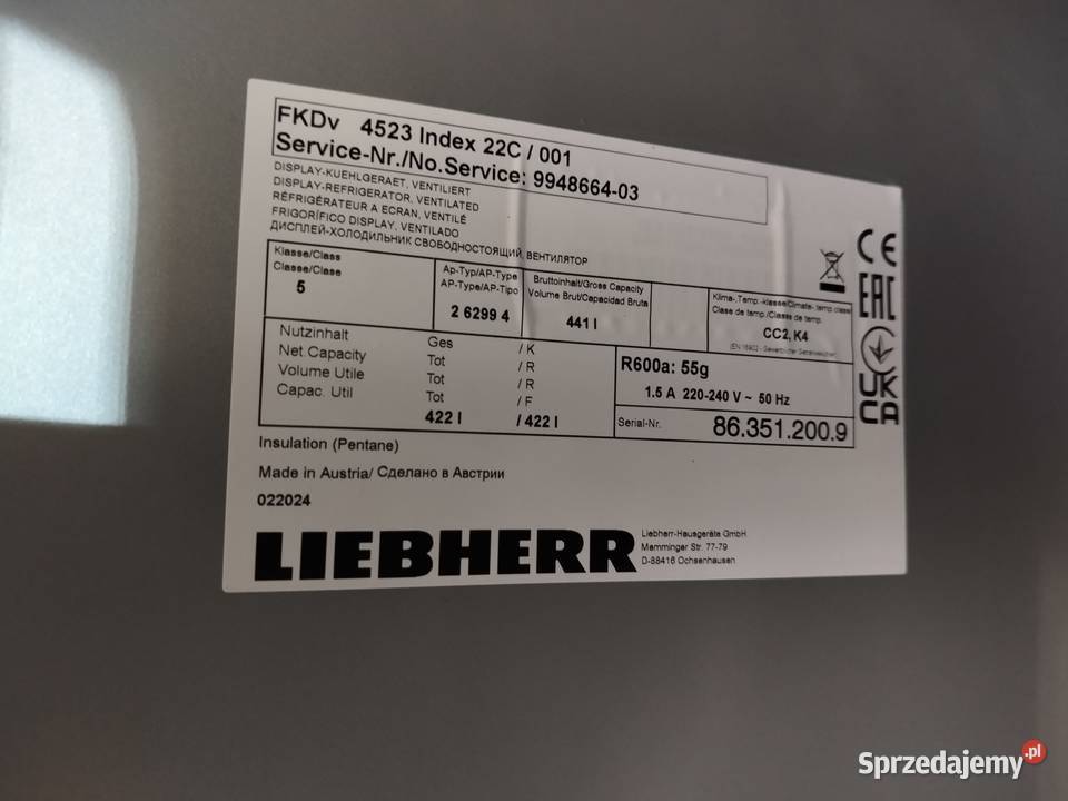 Chłodnia przeszklona Liebherr 422 litry śląskie