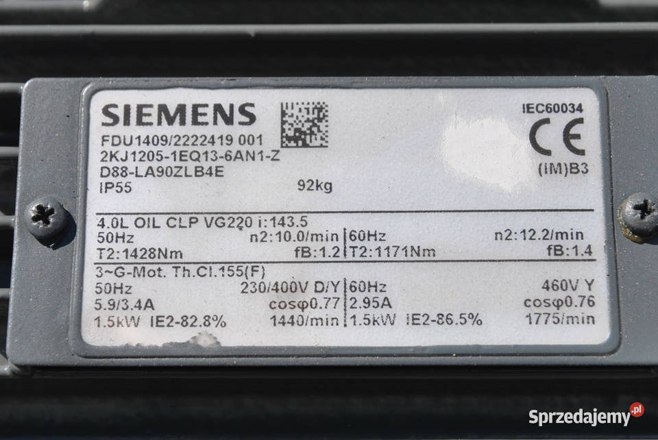 Motoreduktor 15kw 10obrmin SIEMENS Kargowa