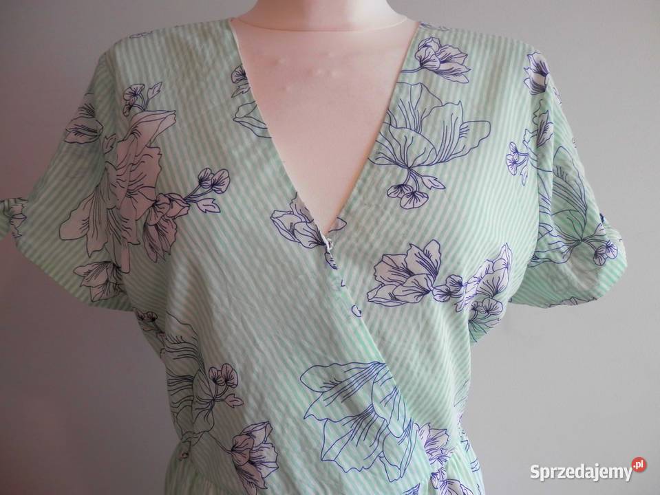 Sukienka Bawełniana Kwiaty Kopertowy Dekolt