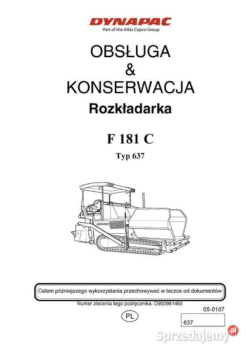 Instrukcja DTR rozkładarka DYNAPAC F181C TYP637 Rok produkcji 2008 Brzesko